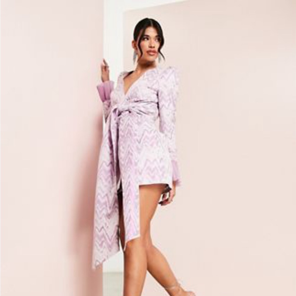 ASOS Luxe wrap long sleeve mini dress in geo jacquard